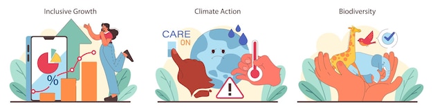 Vecteur l'équité économique, l'urgence climatique et la conservation de la faune établissent des charts de croissance inclusive