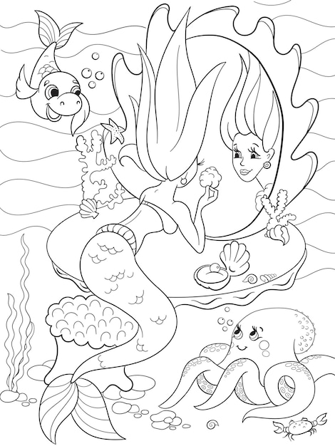 Vecteur ermaid regarde dans le livre de coloriage de miroir pour illustration vectorielle de dessin animé pour enfants