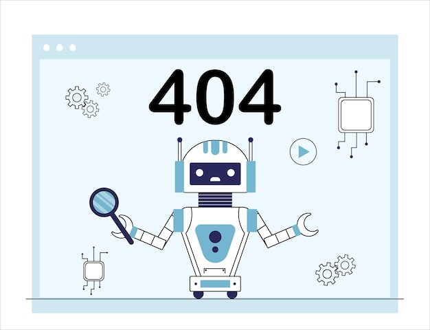 Erreur 404 robot bot avec loupe près des puces oops désolé page pas trouvé élément de conception pour