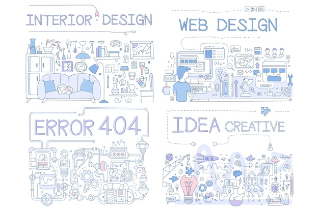 Vecteur erreur de design d'intérieur 404, idée de conception web, objets créatifs dessinés à la main et collection de symboles, illustration vectorielle sur fond blanc
