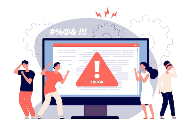 Erreur Informatique. Avertissements Utilisateurs De Page Non Disponibles, Alertes De Symbole D'attention En Cas De Problème, Clients En Colère à Proximité Du Moniteur
