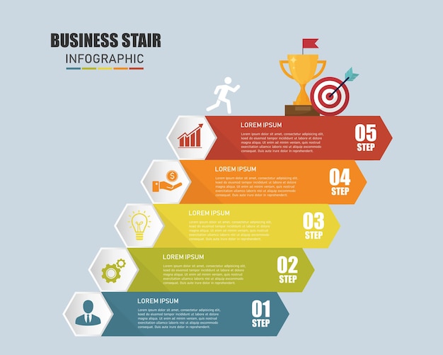 Escalier infographique 5 étapes vers le succès isolé sur fond blanc Concept d'affaires et de finance