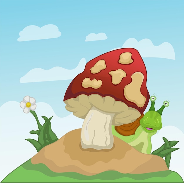 Escargot heureux souriant derrière un beau champignon dans le ciel bleu