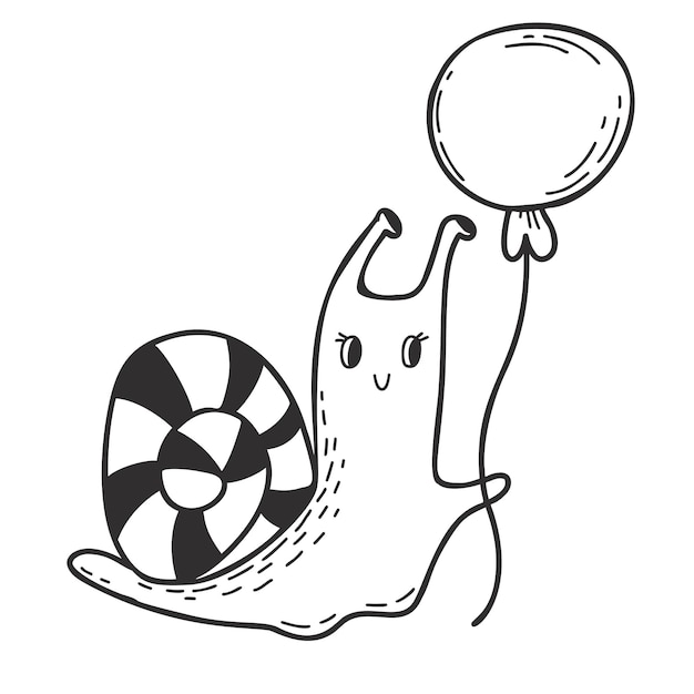 Escargot Mignon Avec Ballon Doodle Dessiné à La Main Linéaire Illustration Vectorielle De Mollusksnail Drôle