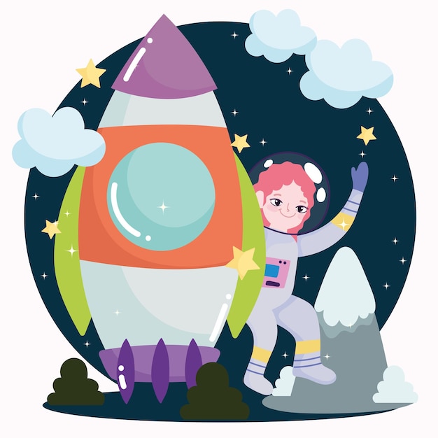 Vecteur espace astronaute fille vaisseau spatial exploration et découverte dessin animé mignon