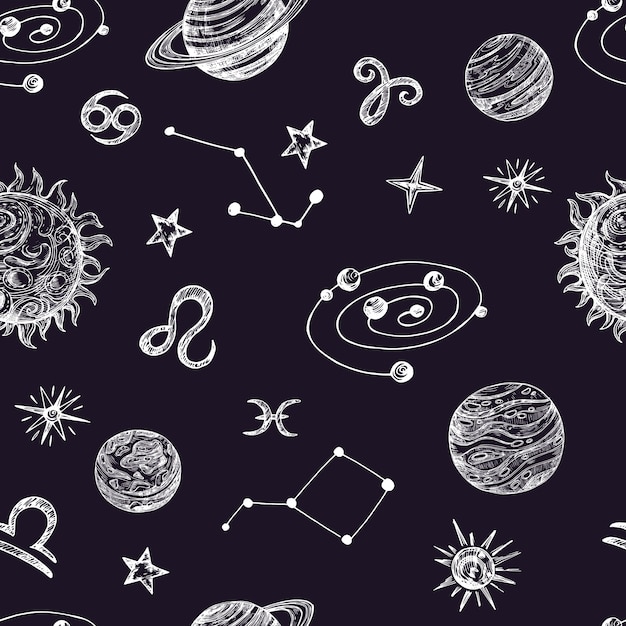 Espace Dessiné à La Main Avec Les étoiles, Les Planètes Et La Lune. Modèle Sans Couture De Ciel Nuit Doodle