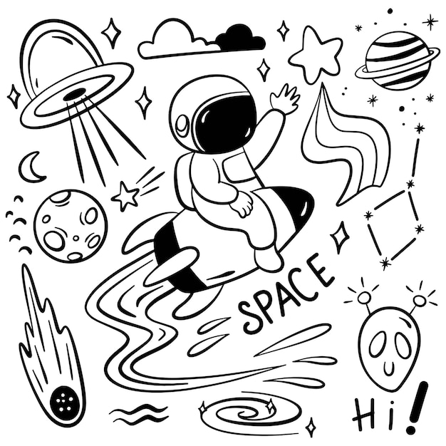 Vecteur espace dessiné à la main et illustration de dessin animé d'astronaute