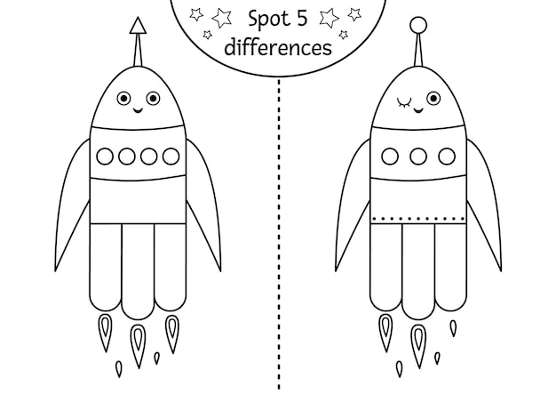 Espace Noir Et Blanc Trouver Des Différences Jeu Pour Les Enfants Activité éducative D'astronomie Avec Vaisseau Spatial Drôle Feuille De Travail Imprimable Avec Fusée Jolie Page à Colorier Avec Espace Technicxa