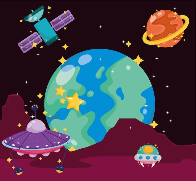 Espace terre planète ufo satellite mars exploration de surface illustration de dessin animé