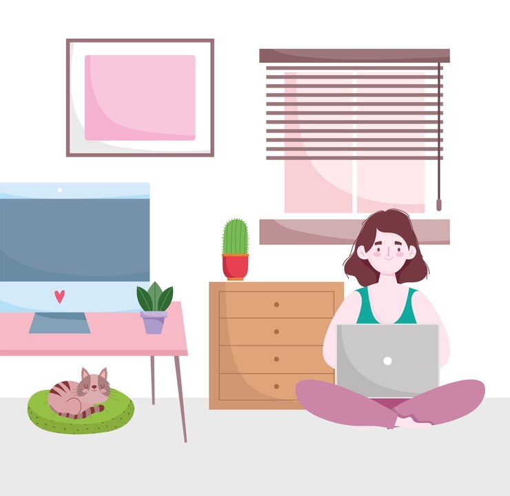 Vecteur espace de travail de bureau à domicile, la femme travaille à la maison avec un ordinateur portable et un chat sur un coussin.