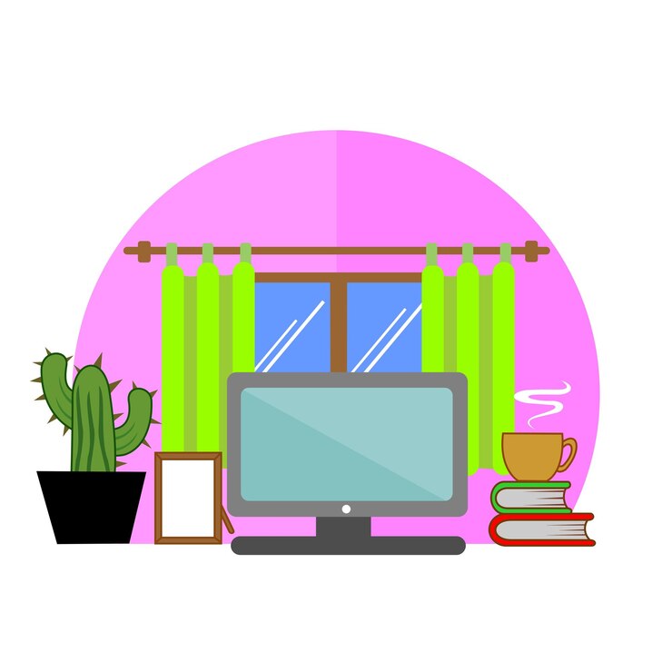 Vecteur un espace de travail confortable avec des livres informatiques et un cactus
