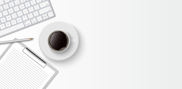 Vecteur espace de travail minimal à plat, bureau de bureau vue de dessus avec clavier d'ordinateur, presse-papiers et tasse à café sur fond de couleur blanche