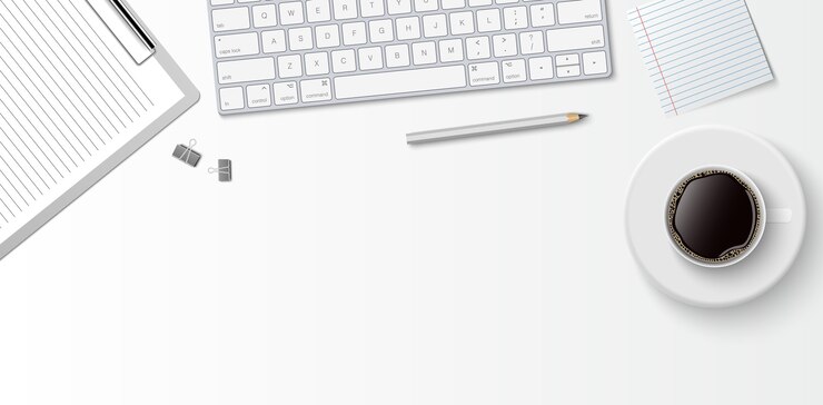 Vecteur espace de travail minimal à plat, bureau de bureau vue de dessus avec clavier d'ordinateur, presse-papiers et tasse à café sur fond de couleur blanche