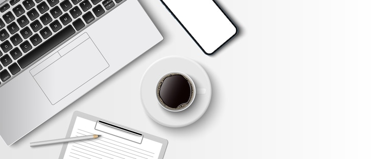 Vecteur espace de travail minimal à plat, bureau de vue de dessus avec ordinateur portable, presse-papiers et tasse à café sur fond de couleur blanche avec espace de copie