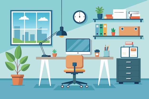 Un espace de travail minimaliste avec un bureau et une fenêtre en arrière-plan généré par l'IA