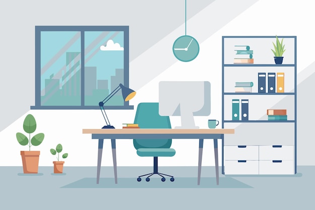 Un espace de travail minimaliste avec un bureau et une fenêtre en arrière-plan généré par l'IA