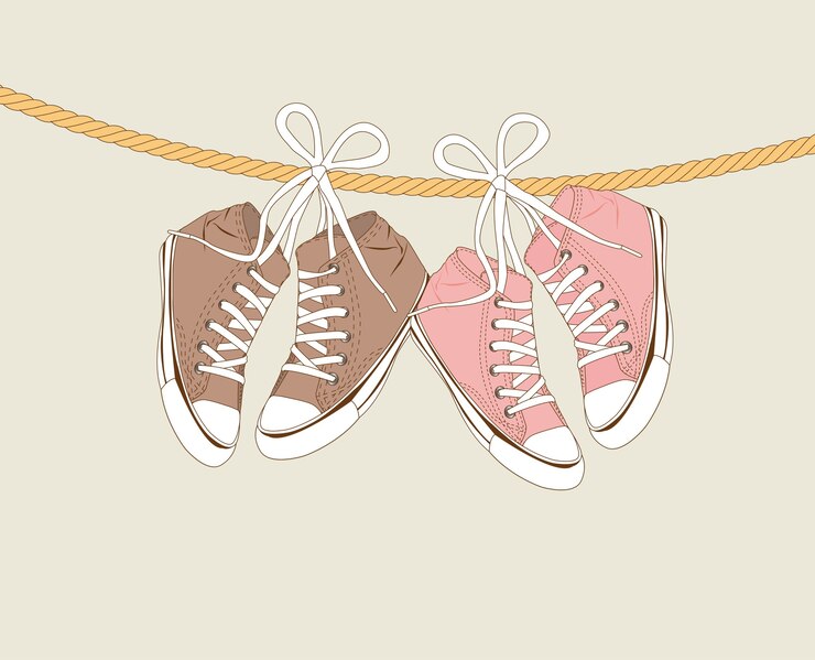 Vecteur espadrilles mignons suspendus d'une corde sur vecteur de fond beige