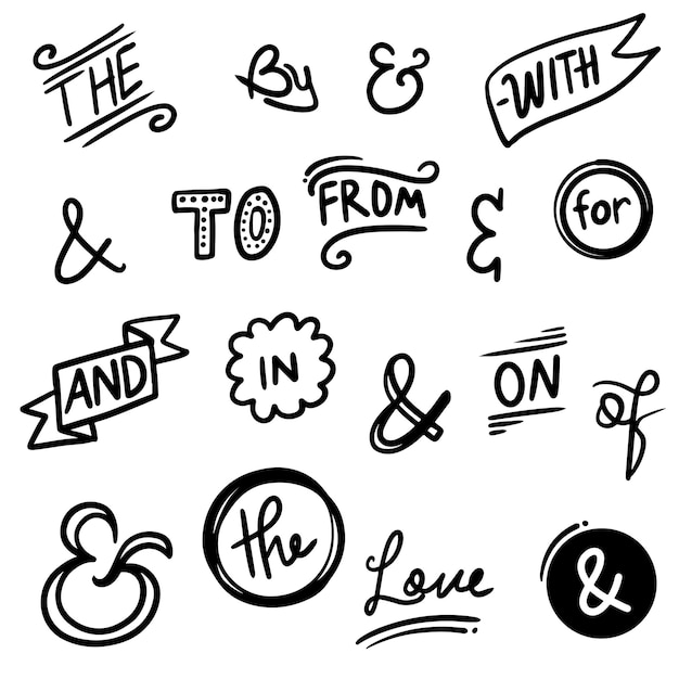 Esperluettes et mots clés à la main. esperluettes doodle vintage, ruban, mots clés, calligraphie. Ensemble d'éléments de conception dessinés à la main. illustration vectorielle