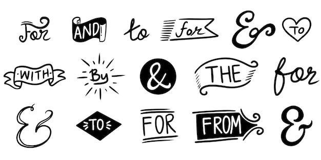 Esperluettes et mots clés à la main. esperluettes doodle vintage, ruban, mots clés, calligraphie. Ensemble d'éléments de conception dessinés à la main. illustration vectorielle