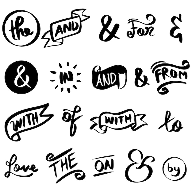 Esperluettes et mots clés à la main. esperluettes doodle vintage, ruban, mots clés, calligraphie. Ensemble d'éléments de conception dessinés à la main. illustration vectorielle
