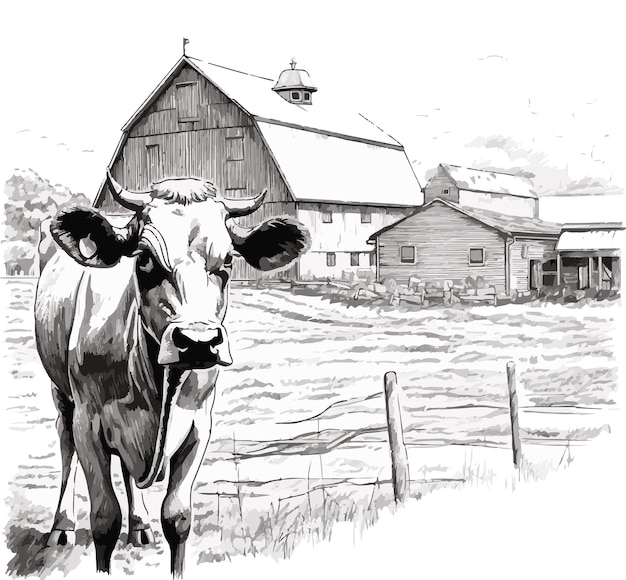 Esquisse d'art au crayon de tranquillité mettant en vedette des agriculteurs, des maisons de campagne, du bétail et une vie sereine