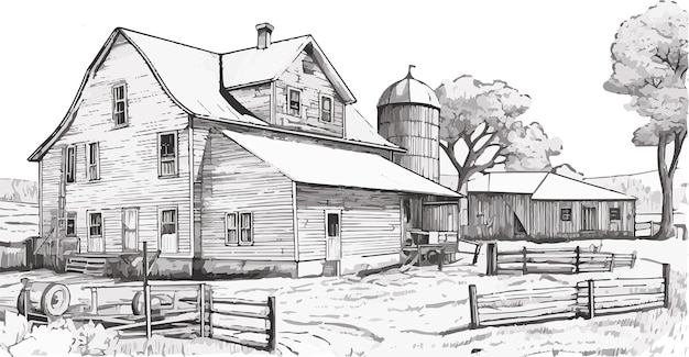 Vecteur esquisse d'art au crayon de tranquillité mettant en vedette des agriculteurs, des maisons de campagne, du bétail et une vie sereine