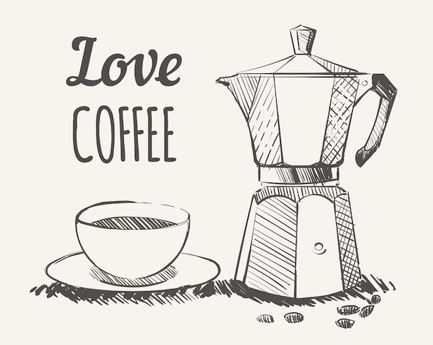 Esquisse d'une cafetière geyser avec une tasse de café