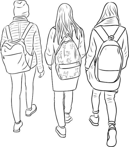 Esquisse De Dessin D'étudiants Filles Marchant à L'extérieur