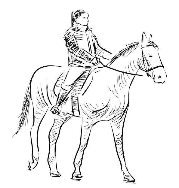 Vecteur esquisse de dessin d'une fille à cheval