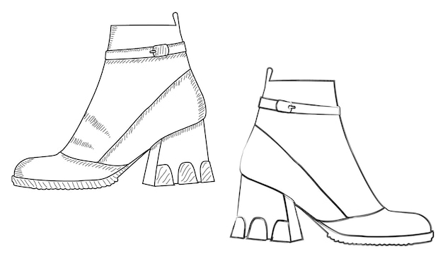 Esquisse De Dessin De La Silhouette Des Chaussures Pour Femmes, Bottes, Bottines, Coups De Pinceau De Style Ligne