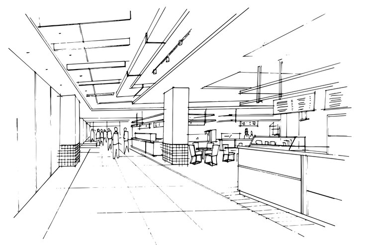 Vecteur esquisse de dessin d'une zone de couloir de l'aire de restauration et d'un comptoir alimentairedesign modernevecteurillustration 2d