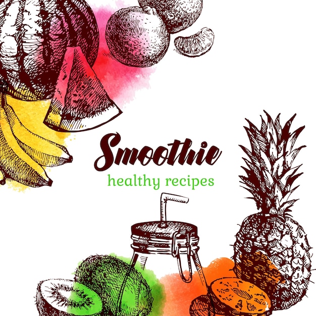 Vecteur esquisse dessinée à la main aquarelle arrière-plan de fruits illustration de nourriture isolée vectorielle conception de cocktail de smoothie