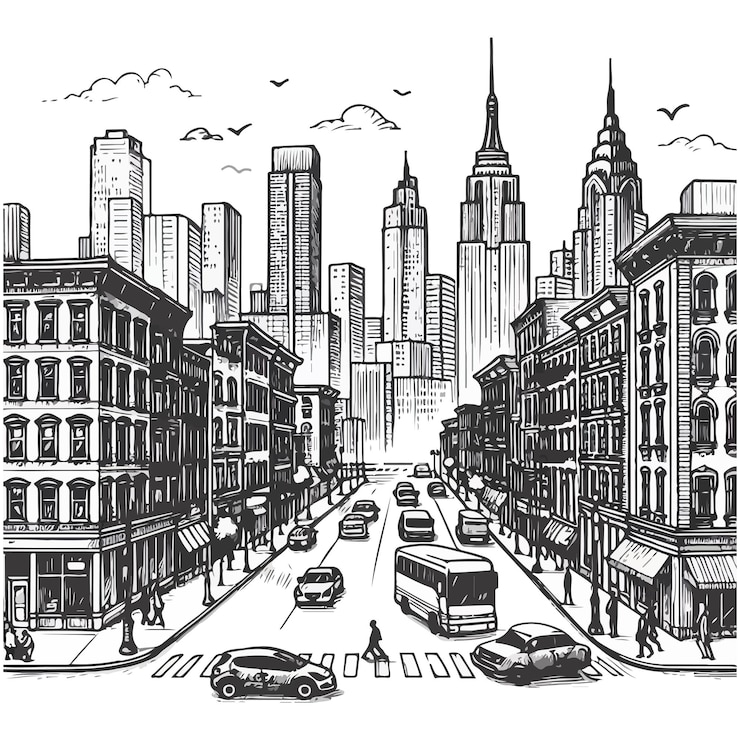 Vecteur esquisse dessinée à la main en une seule ligne page de coloriage jour de la ville