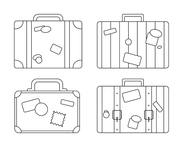 Esquisse De Ligne De Vieilles Valises Rétro. Ensemble D'illustration Vectorielle De Bagages De Voyage Dans Un Style Plat