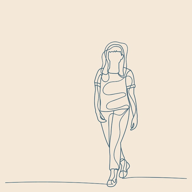 Esquisse avec des lignes fille femme marchant seule