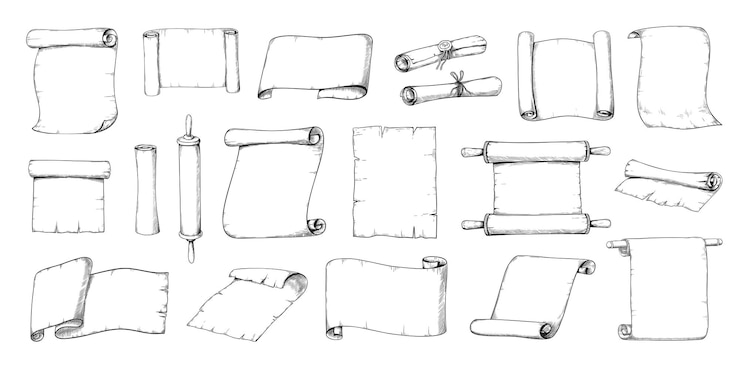 Esquisse en rouleau de papier rouleau de parchemin ancien et lettres d'épître médiévales anciennes manuscrits antiques dessinés à la main et papyrus roulé feuilles vides isolées en noir et blanc jeu de pages historiques vectorielles