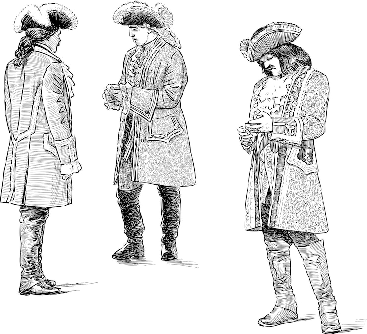 Vecteur esquisses de messieurs en costumes d'époque du xviiie siècle