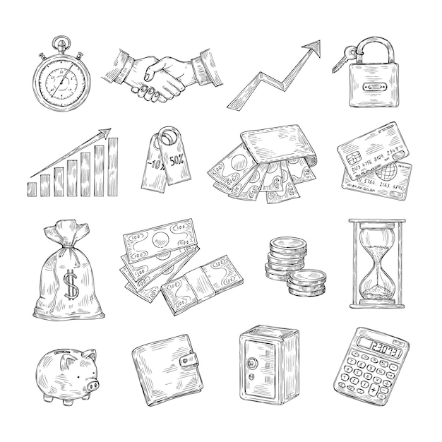 Esquissez l'argent. Tiré par la main pile de pile tirelire cartes de crédit dollar sûr bancaire vintage business finance doodle icônes