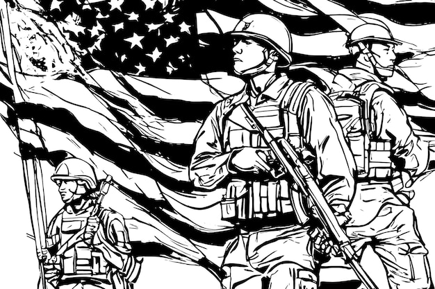 Vecteur esquissez le joyeux jour du souvenir, souvenez-vous et honorez la silhouette du soldat tenant le drapeau américain
