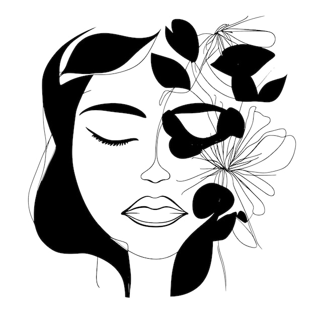 Esquissez Le Style Artistique Du Visage Des Femmes Avec Des Fleurs Dans Les Cheveux Et Le Dessin Au Trait Du Visage Dans Un Style élégant Pour Les Impressions