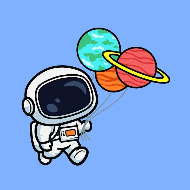 C'est un astronaute mignon qui tient un ballon de planète spatiale.