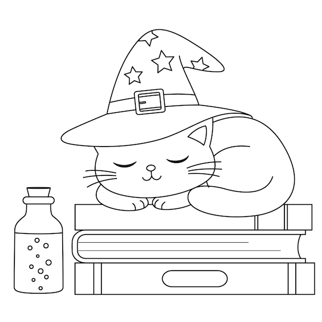 Vecteur c'est un chat mignon qui porte un chapeau. il se trouve sur des livres.