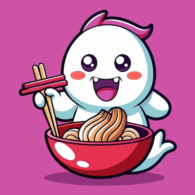 Vecteur c'est un fantôme mignon qui mange des nouilles ramen avec des bâtons à manger.