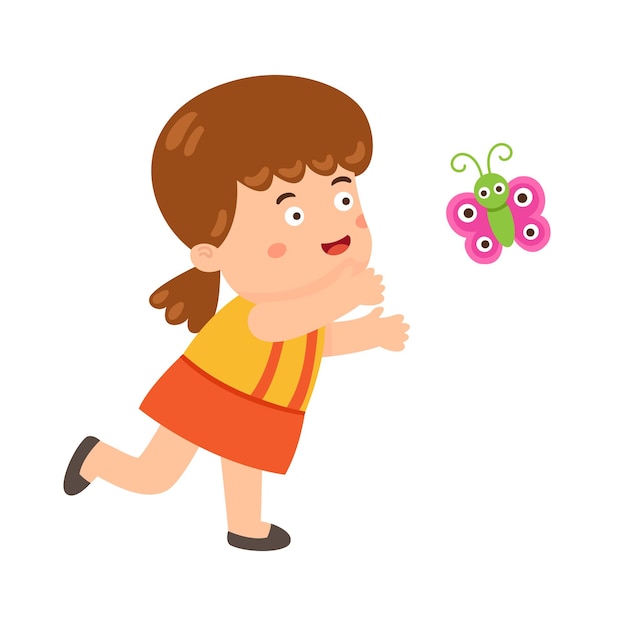 C'est une fille mignonne qui attrape un insecte vecteur.