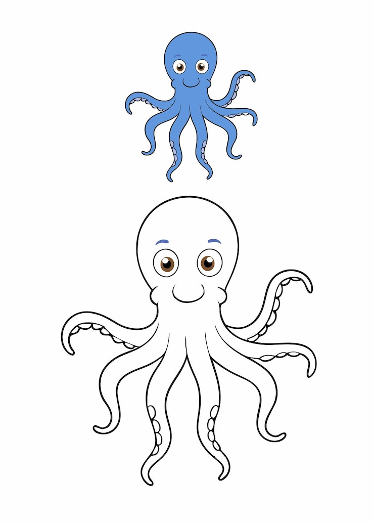 Vecteur c'est une pieuvre joyeuse avec de grands yeux et des tentacules ondulés.