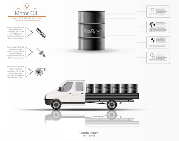 Est-ce Que L'huile Moteur. Infographie De L'huile Moteur. Modèle Tridimensionnel Du Camion Sur Fond Blanc. Capacité De Volume Pour L'huile. Image.