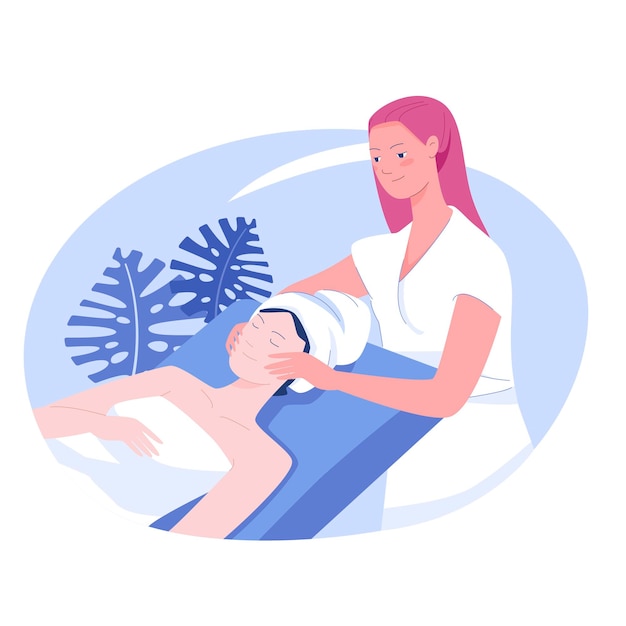 Vecteur esthéticienne faisant un massage du visage au client masseuse institut de beauté spa et bien-être massage anti-âge