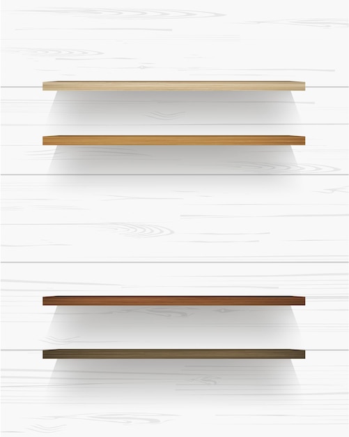 Étagère En Bois Sur Fond De Mur En Bois Blanc Avec Une Ombre Douce. Illustration Vectorielle.