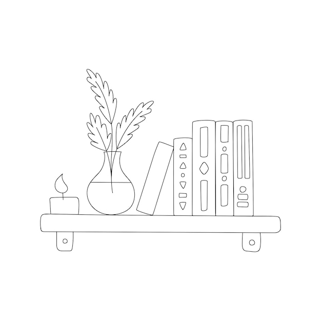 Étagère dessinée à la main avec des livres bougie et vase avec des brindilles abstraites avec des feuilles Décoration intérieure Livres de gribouillage avec un motif Illustration vectorielle de gribouillage noir et blanc isolée sur blanc