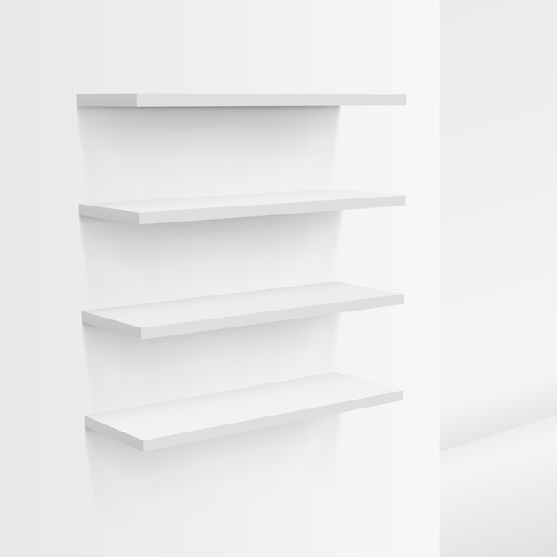 Étagère de magasin blanche vide 3D sur le mur